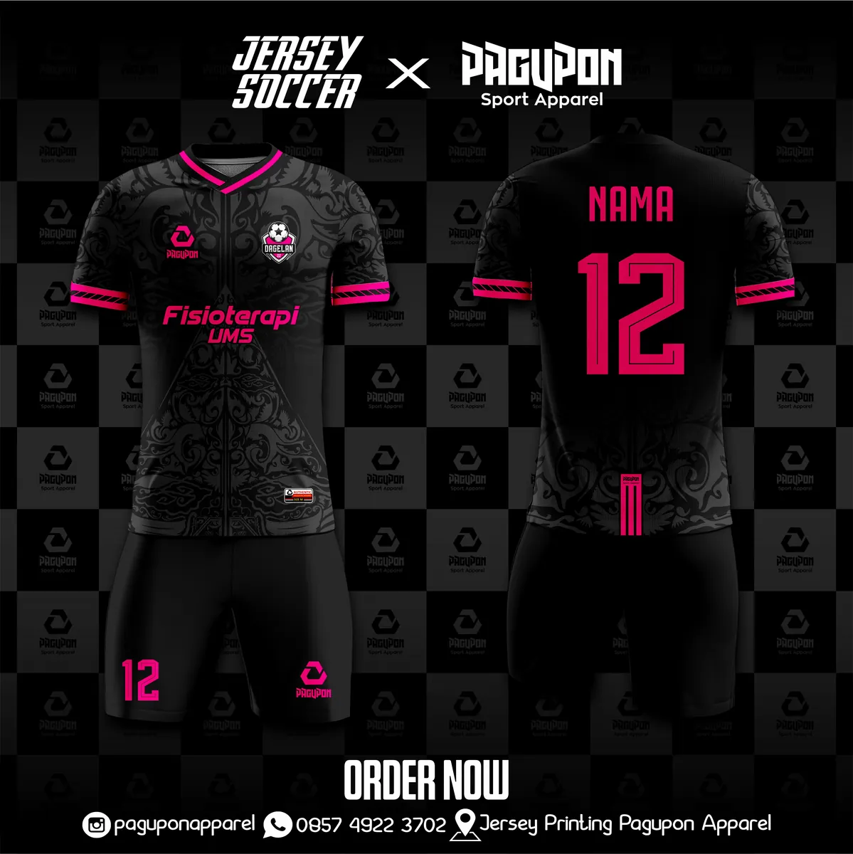 Jersey sekolah dan kelas custom Fisioterapi UMS Hitam, warna hitam pink, kerah V-Neck, tampak depan dan belakang