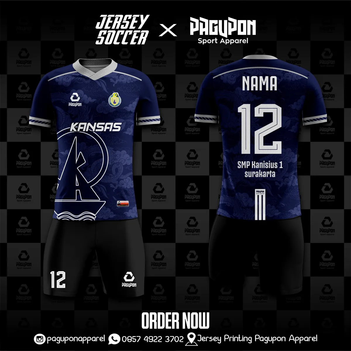 Jersey sekolah dan kelas custom Kansas SMP Kanisius 1 Surakarta Hijau, warna hijau putih, kerah V-Neck, tampak depan dan belakang, varian 2