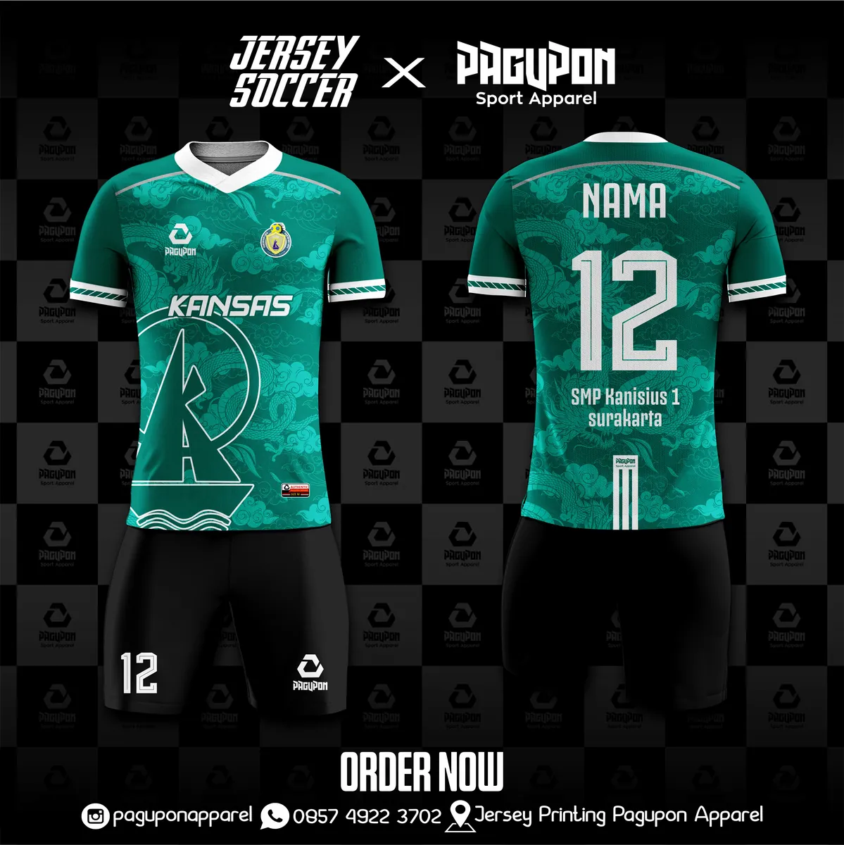 Jersey sekolah dan kelas custom Kansas SMP Kanisius 1 Surakarta Hijau, warna hijau putih, kerah V-Neck, tampak depan dan belakang
