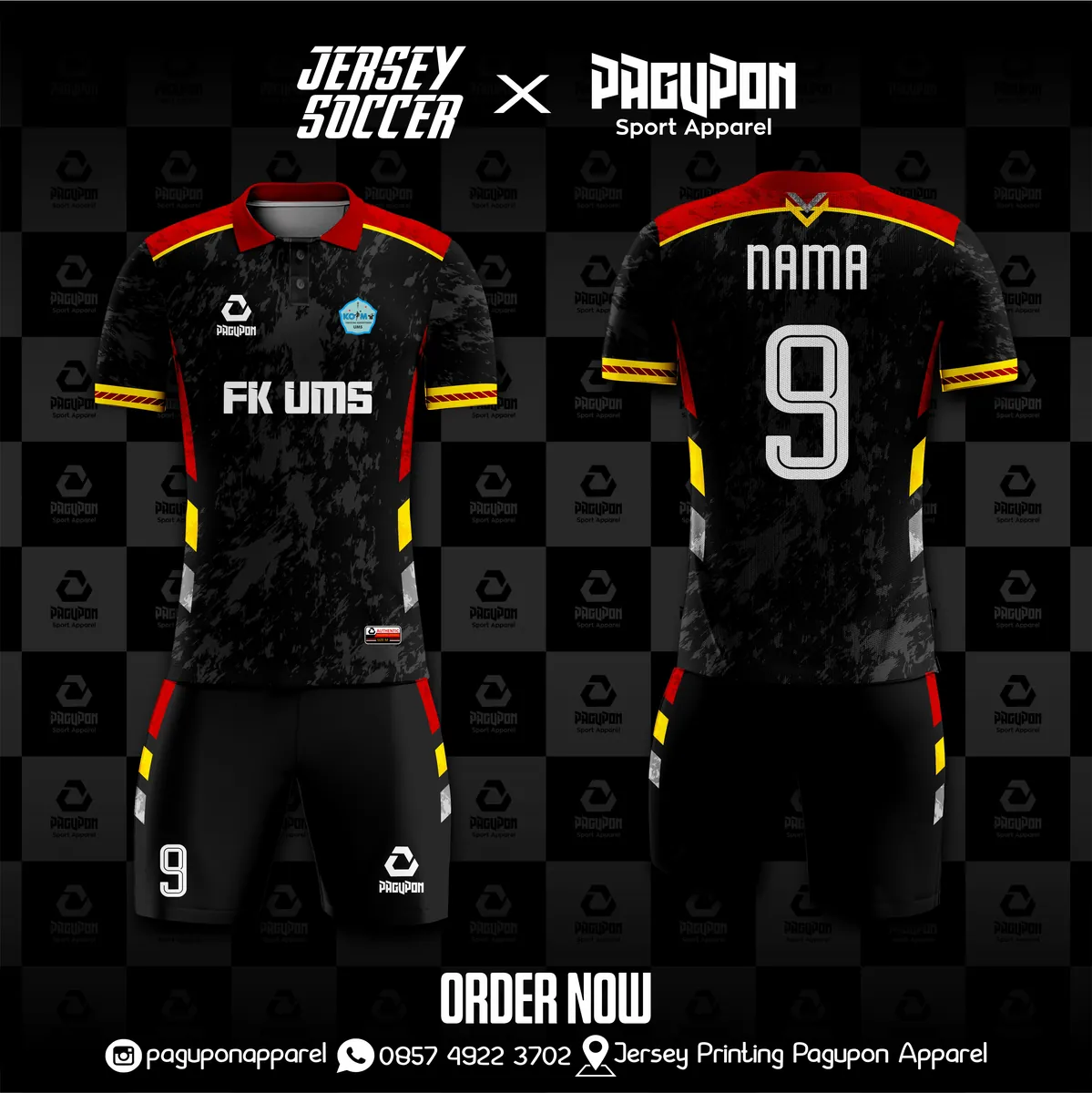Jersey sekolah dan kelas custom FK UMS Putih, warna putih biru kuning, kerah Polo, tampak depan dan belakang, varian 2