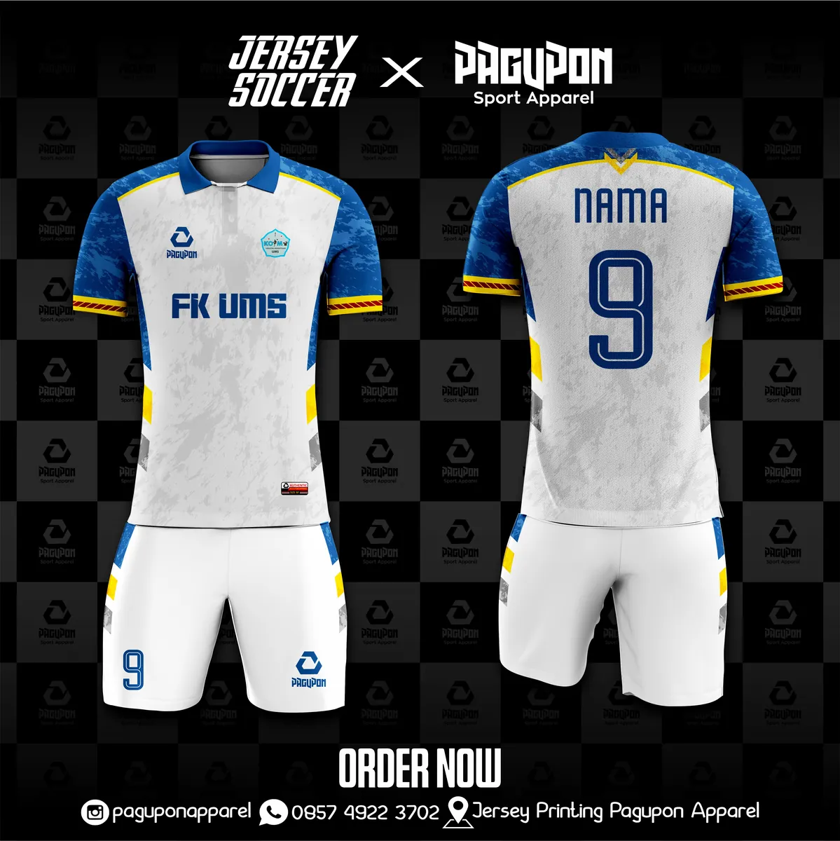 Jersey sekolah dan kelas custom FK UMS Putih, warna putih biru kuning, kerah Polo, tampak depan dan belakang