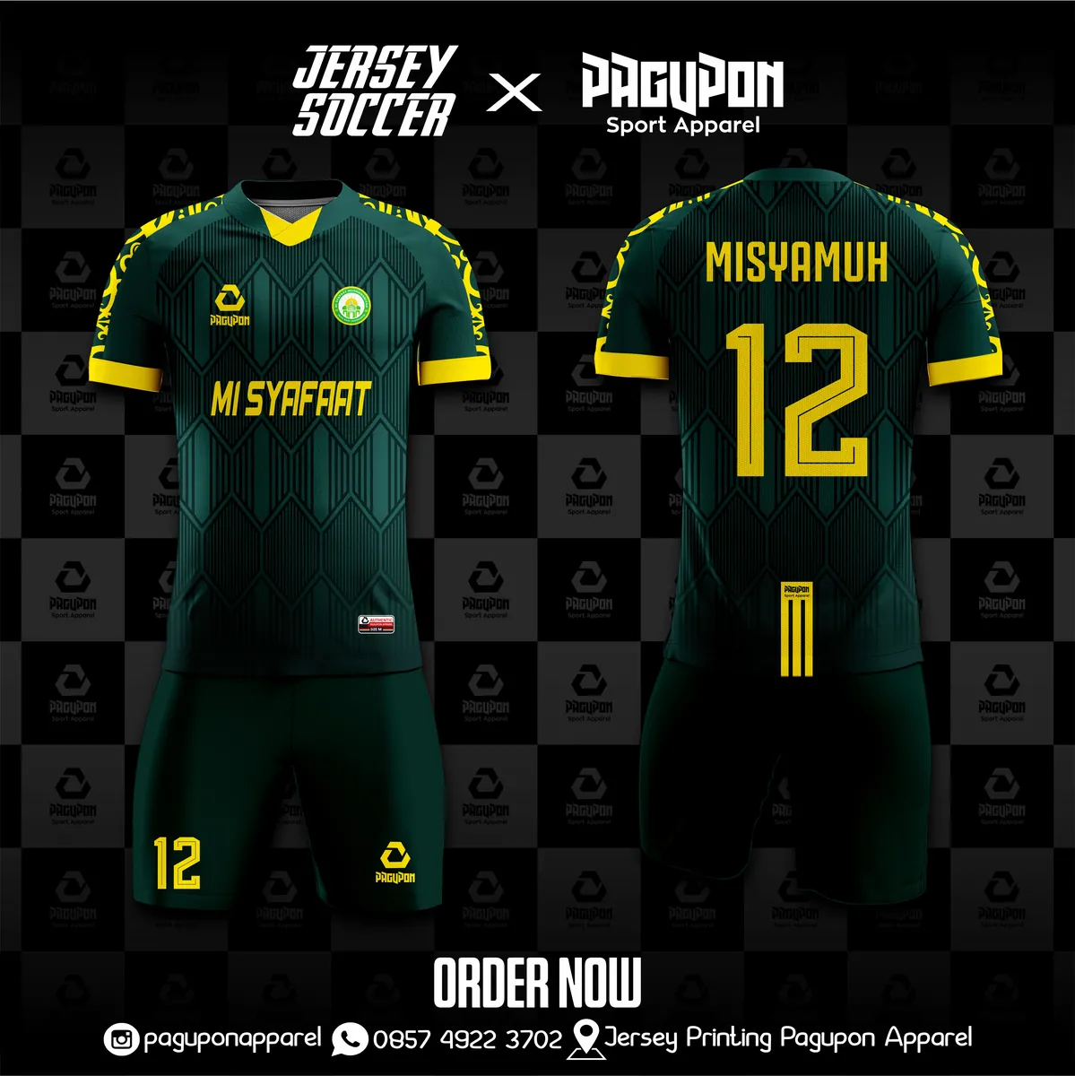 Jersey sekolah dan kelas custom MI Syafaat Kuning, warna kuning hijau, kerah V-Neck, tampak depan dan belakang, varian 2
