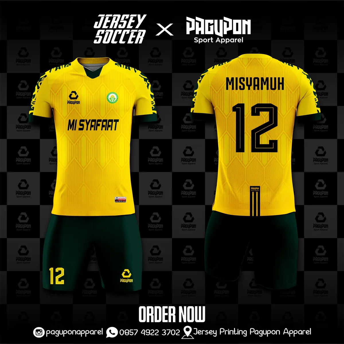 Jersey sekolah dan kelas custom MI Syafaat Kuning, warna kuning hijau, kerah V-Neck, tampak depan dan belakang