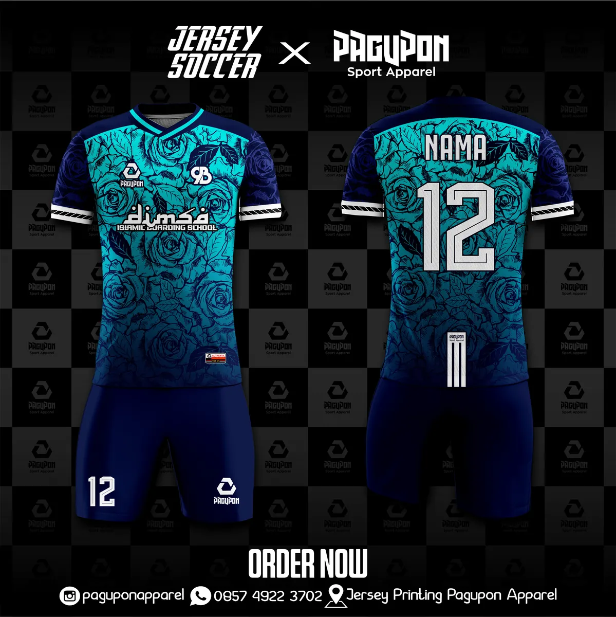 Jersey sekolah dan kelas custom Dimsa Islamic Boarding School Tosca, warna tosca navy, kerah V-Neck, tampak depan dan belakang