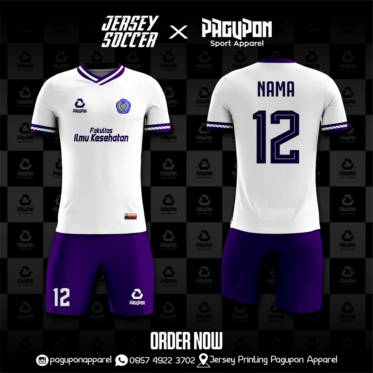 Jersey sekolah dan kelas custom Fakultas Ilmu Kesehatan Putih, warna putih navy, kerah V-Neck, tampak depan dan belakang, varian 2