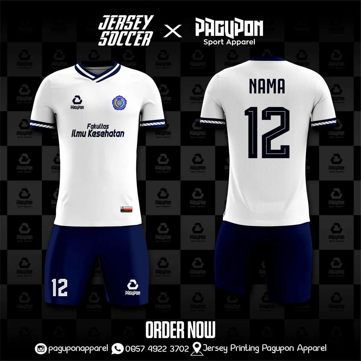 Jersey sekolah dan kelas custom Fakultas Ilmu Kesehatan Putih, warna putih navy, kerah V-Neck, tampak depan dan belakang