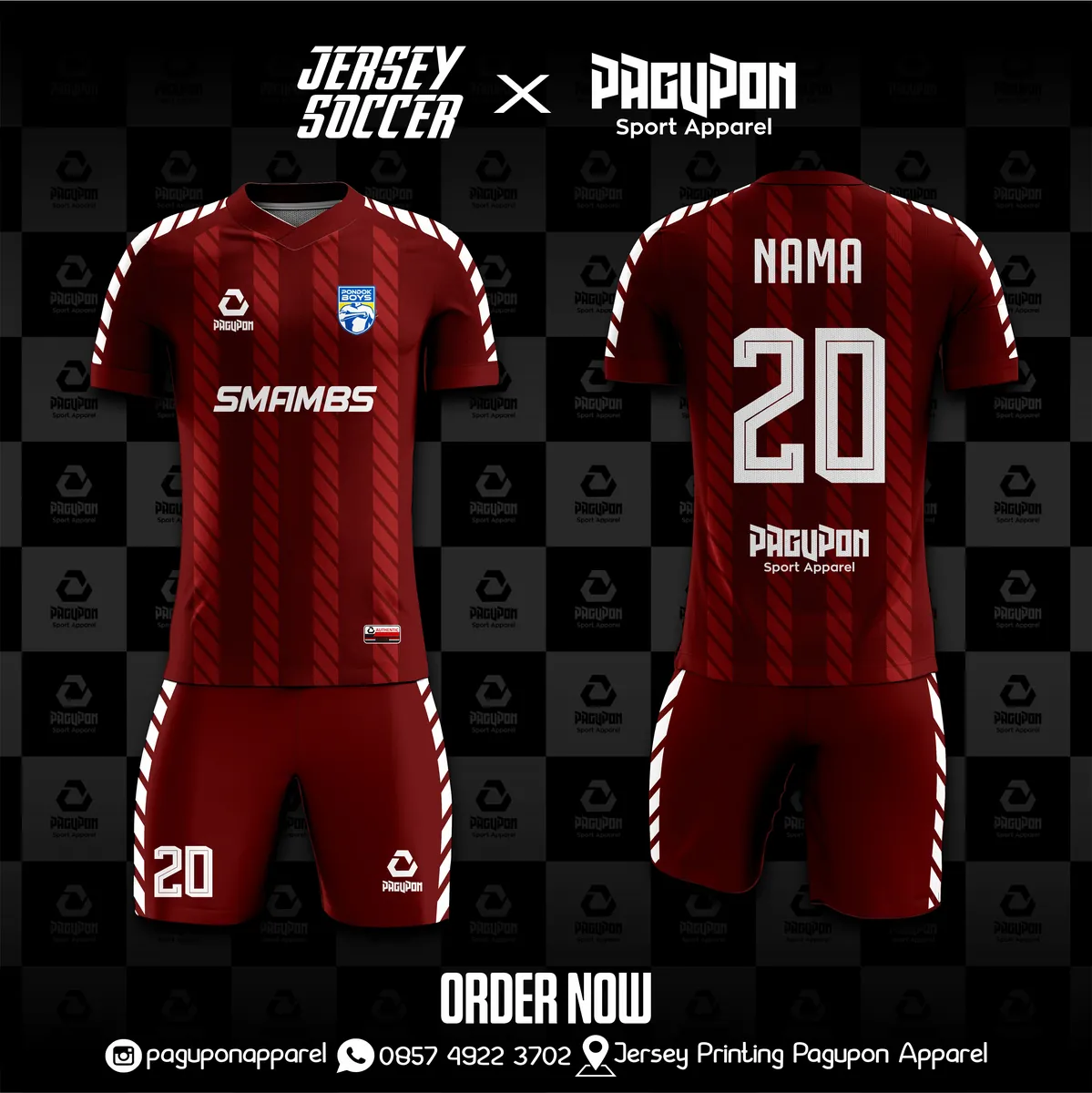 Jersey sekolah dan kelas custom Smambs Maroon, warna maroon putih, kerah V-Neck, tampak depan dan belakang