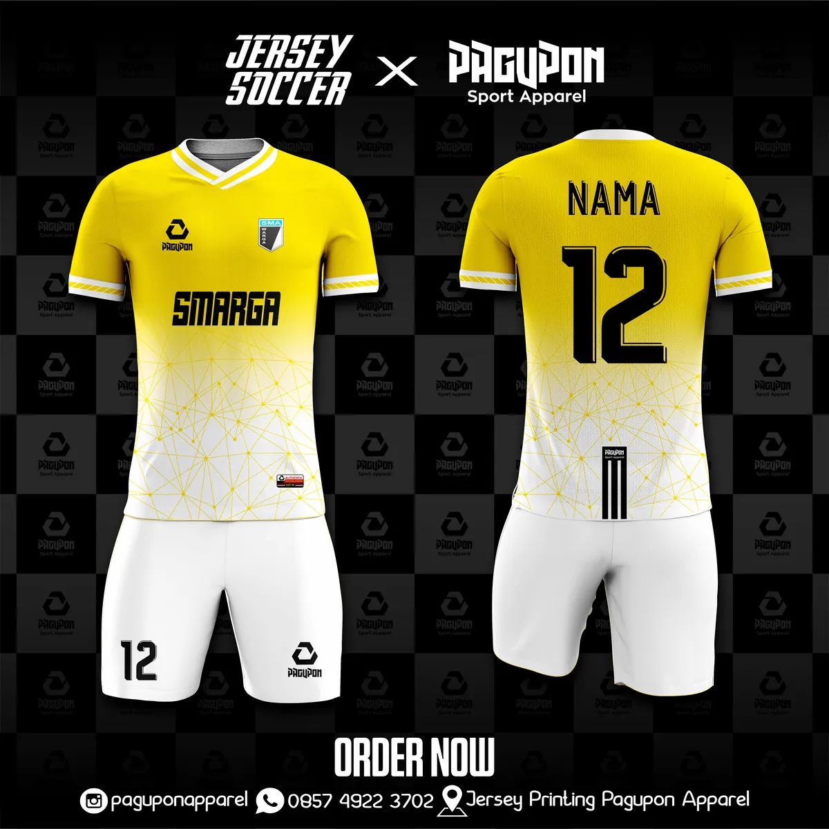 Jersey sekolah dan kelas custom Smarga Maroon, warna maroon putih, kerah V-Neck, tampak depan dan belakang, varian 2
