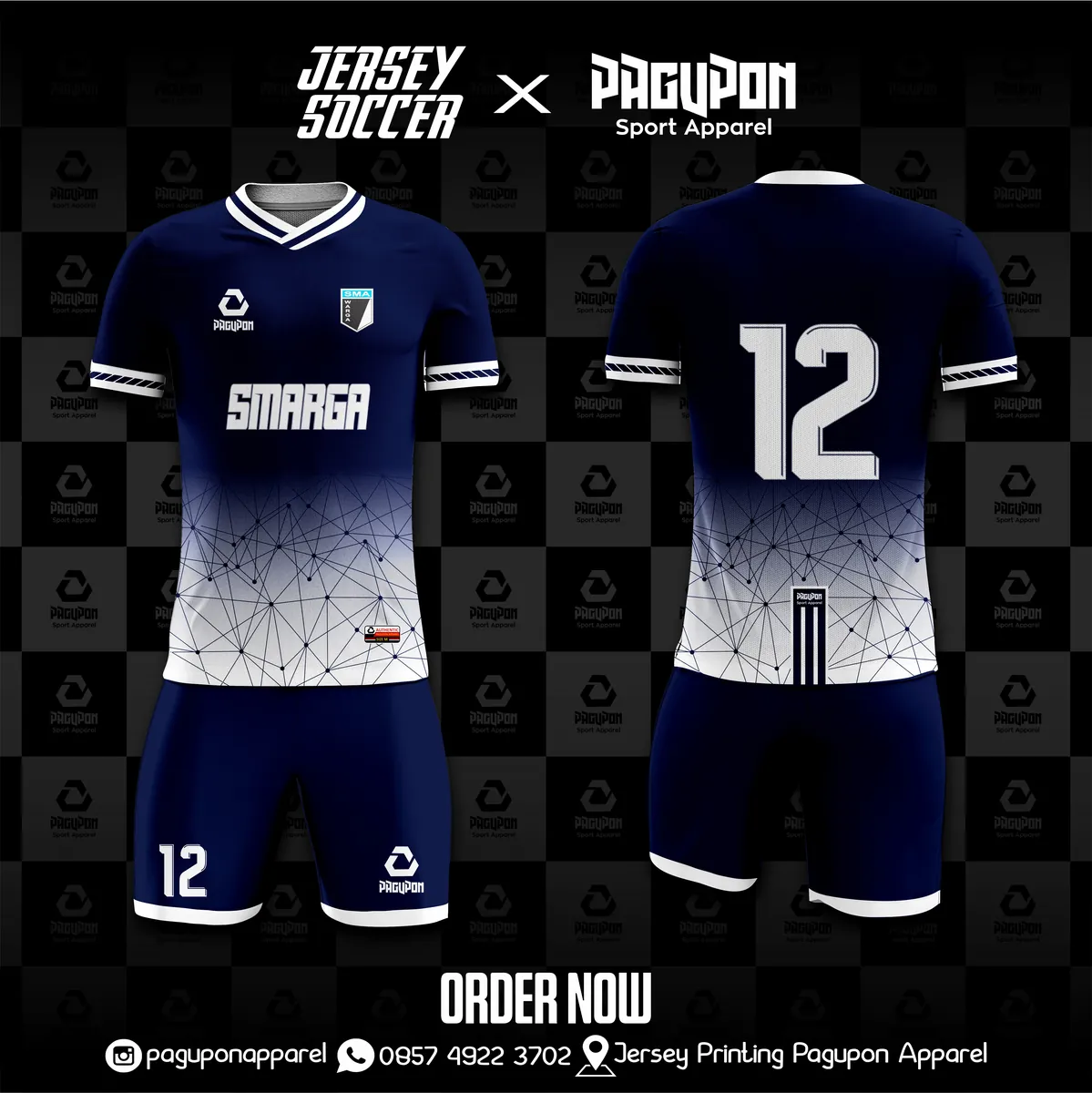 Jersey sekolah dan kelas custom Smarga Maroon, warna maroon putih, kerah V-Neck, tampak depan dan belakang, varian 3