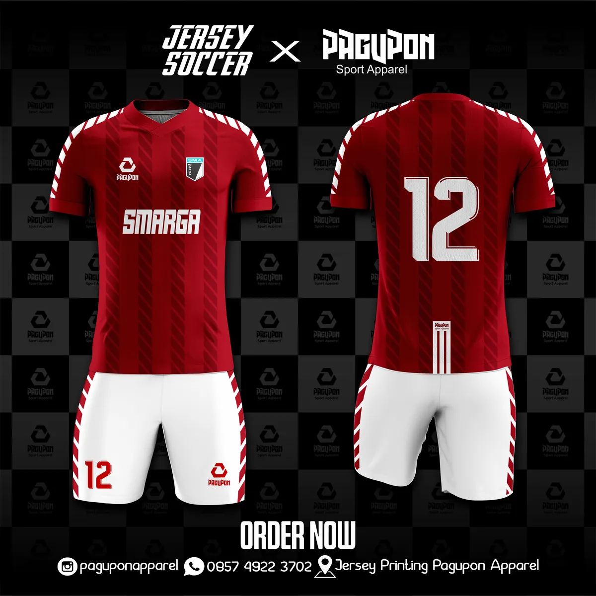 Jersey sekolah dan kelas custom Smarga Maroon, warna maroon putih, kerah V-Neck, tampak depan dan belakang