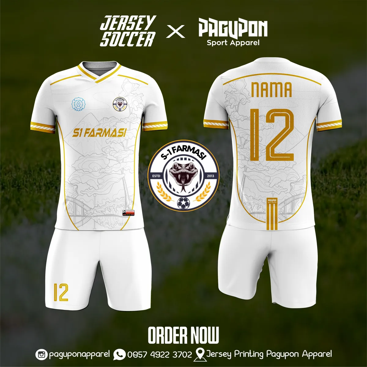 Jersey sekolah dan kelas custom S1 Farmasi Putih, warna putih emas, kerah V-Neck, tampak depan dan belakang