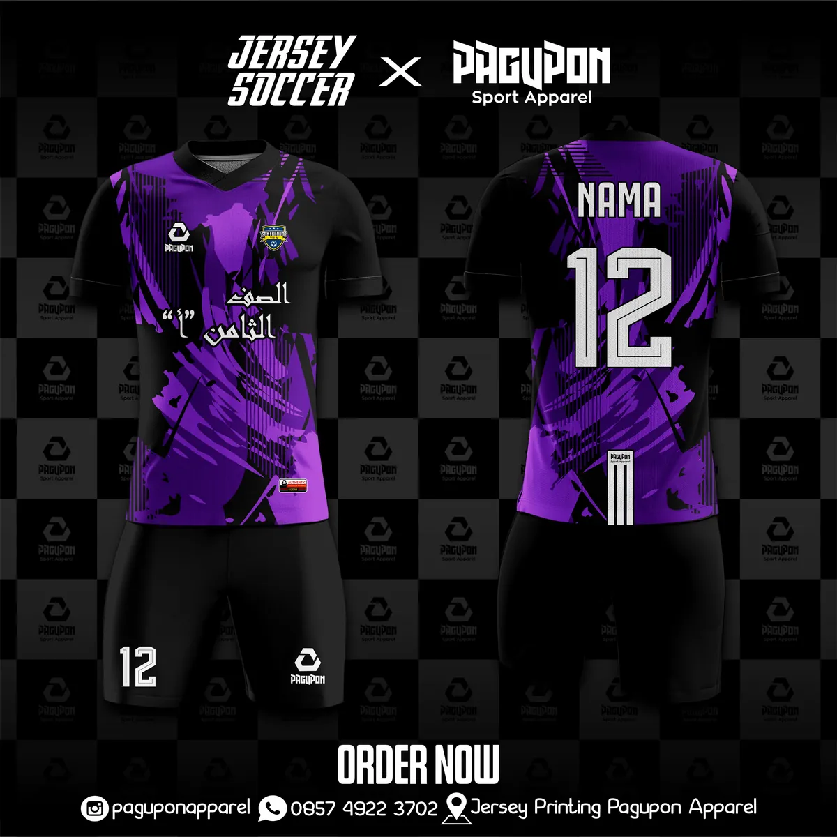 Jersey sekolah dan kelas custom Santri Muda Ungu, warna ungu hitam, kerah V-Neck, tampak depan dan belakang