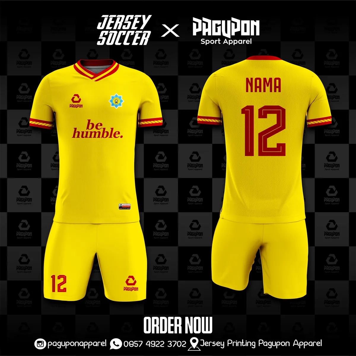 Jersey sekolah dan kelas custom SD Aisyiyah Unggulan Gemolong Emas, warna emas hitam, kerah V-Neck, tampak depan dan belakang, varian 2