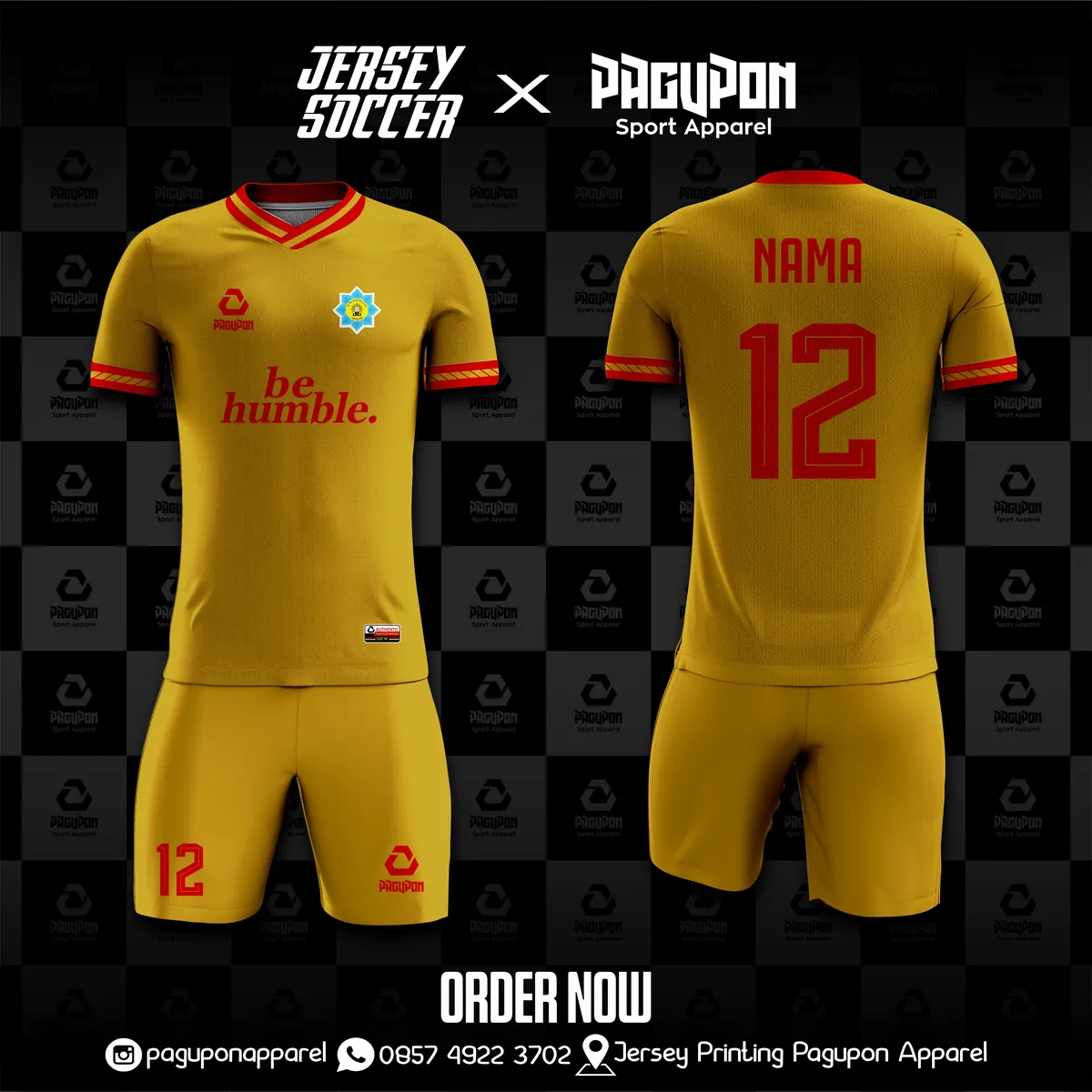 Jersey sekolah dan kelas custom SD Aisyiyah Unggulan Gemolong Emas, warna emas hitam, kerah V-Neck, tampak depan dan belakang, varian 3