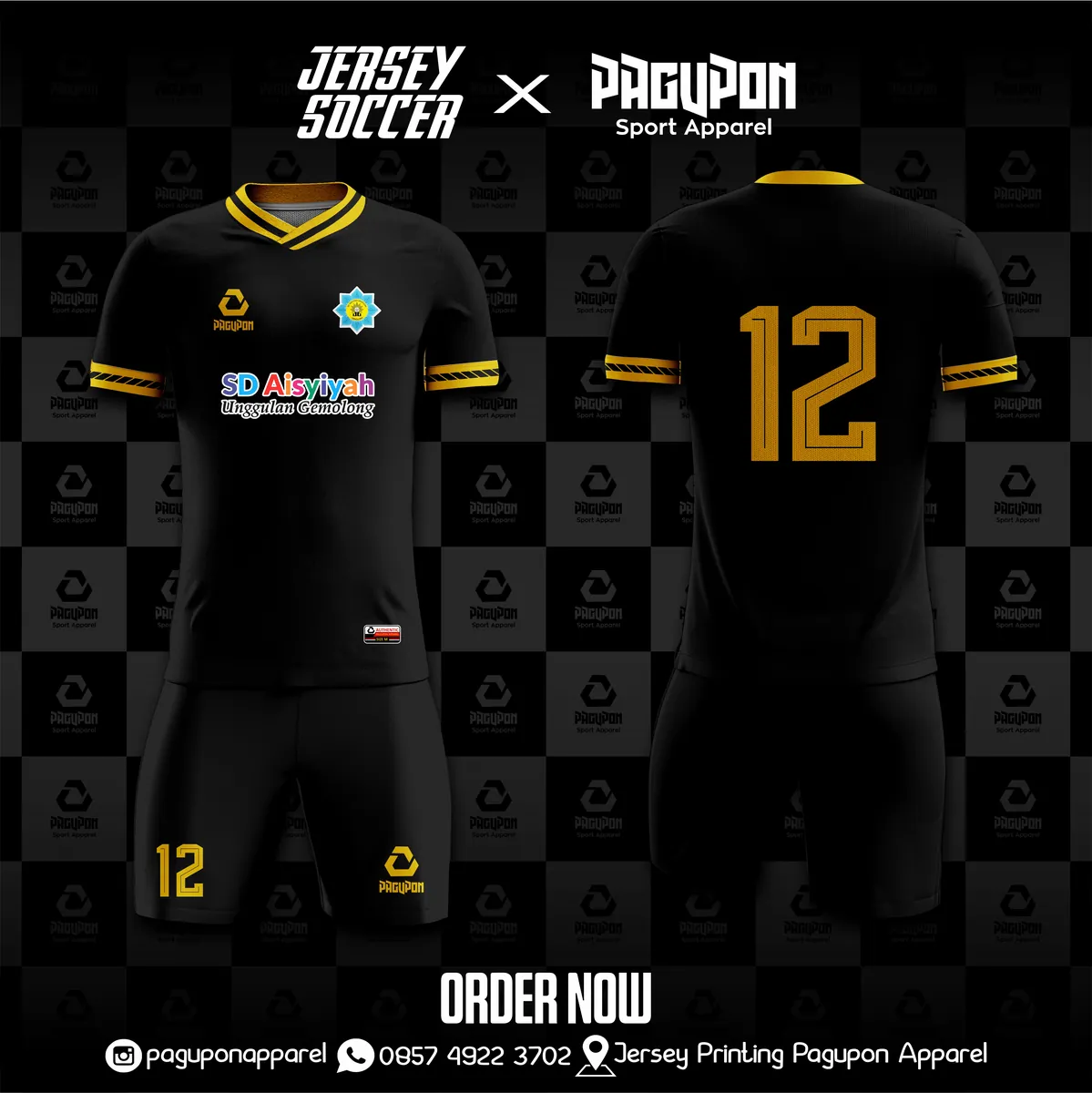 Jersey sekolah dan kelas custom SD Aisyiyah Unggulan Gemolong Emas, warna emas hitam, kerah V-Neck, tampak depan dan belakang, varian 4