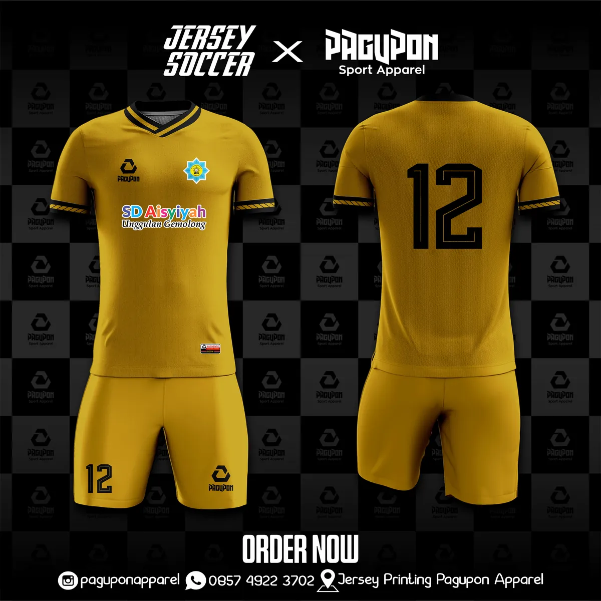 Jersey sekolah dan kelas custom SD Aisyiyah Unggulan Gemolong Emas, warna emas hitam, kerah V-Neck, tampak depan dan belakang