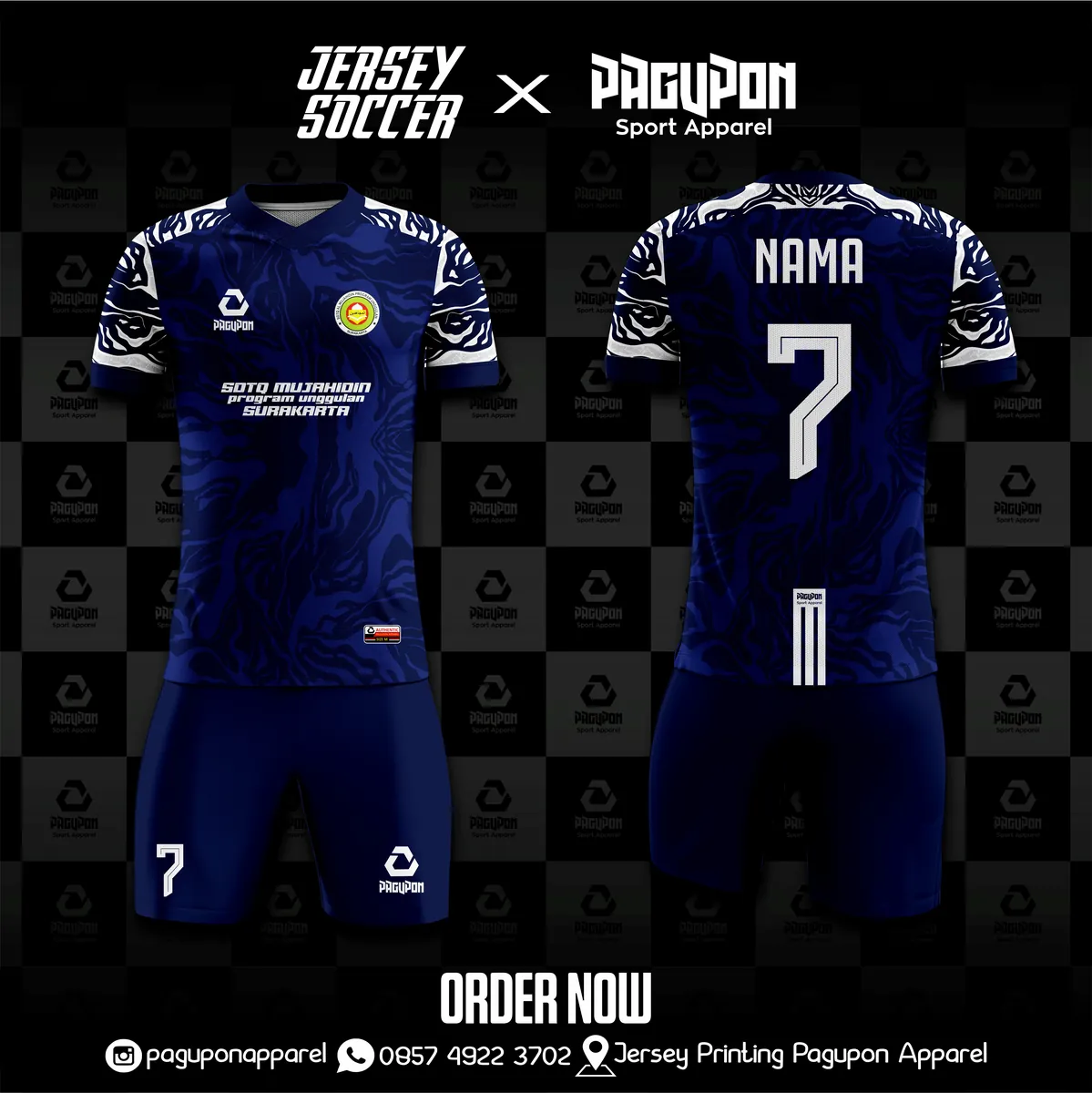 Jersey sekolah dan kelas custom SDIT Mujahidin Surakarta Putih, warna putih navy, kerah V-Neck, tampak depan dan belakang, varian 2