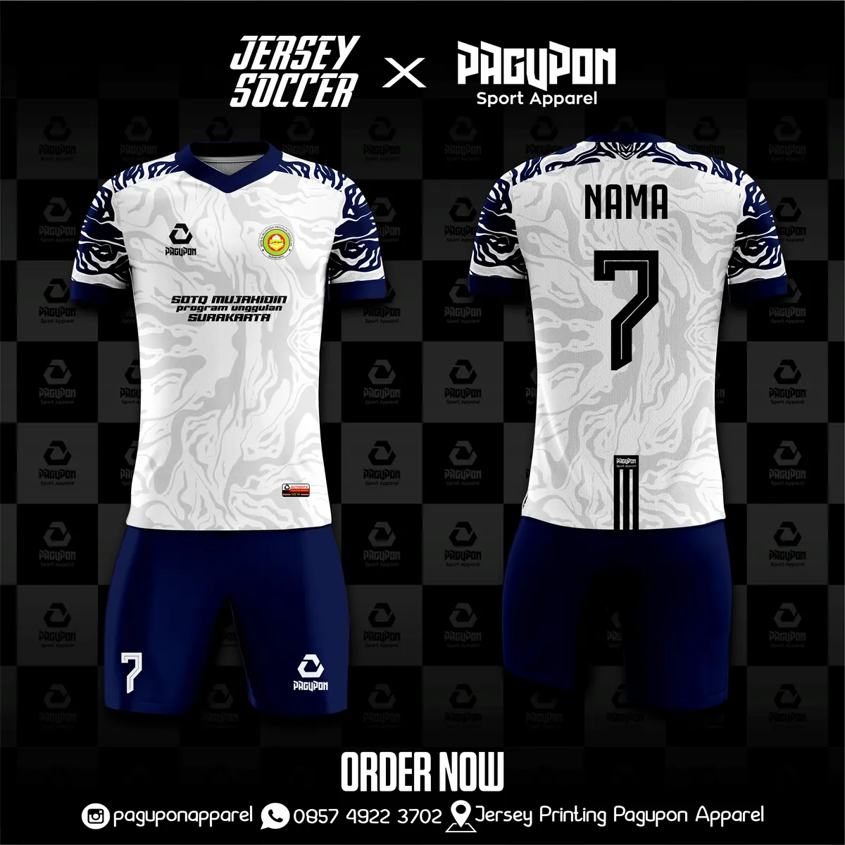 Jersey sekolah dan kelas custom SDIT Mujahidin Surakarta Putih, warna putih navy, kerah V-Neck, tampak depan dan belakang