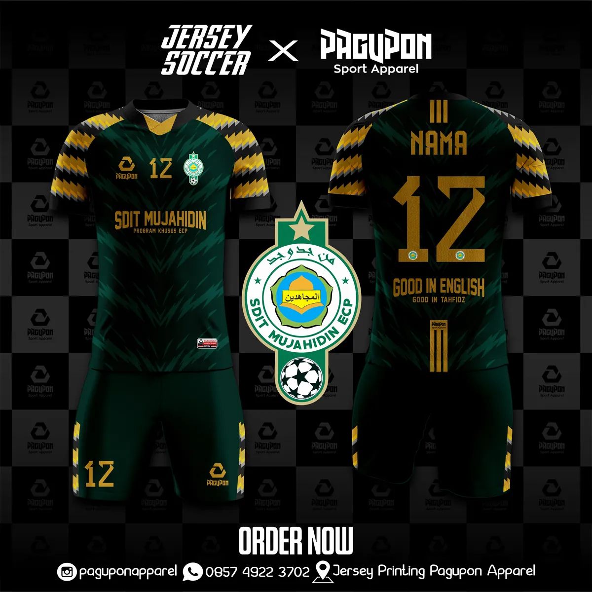 Jersey sekolah dan kelas custom SDIT Mujahidin Putih, warna putih kuning navy, kerah V-Neck, tampak depan dan belakang, varian 2