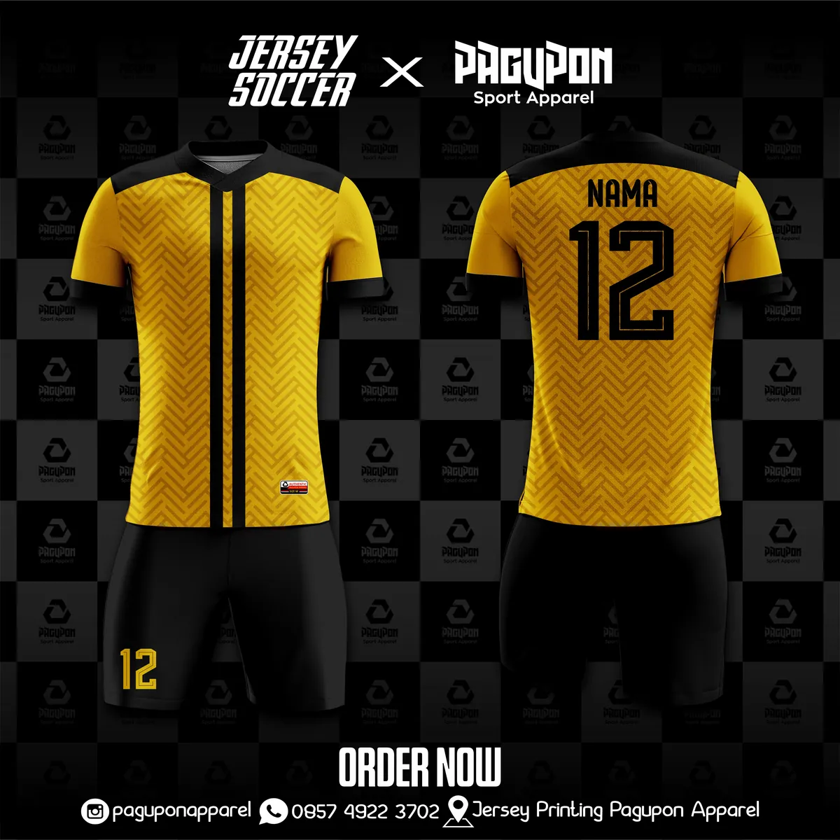 Jersey sekolah dan kelas custom SDN Batu Ampar Hitam, warna hitam kuning, kerah Kerah Custom, tampak depan dan belakang, varian 2