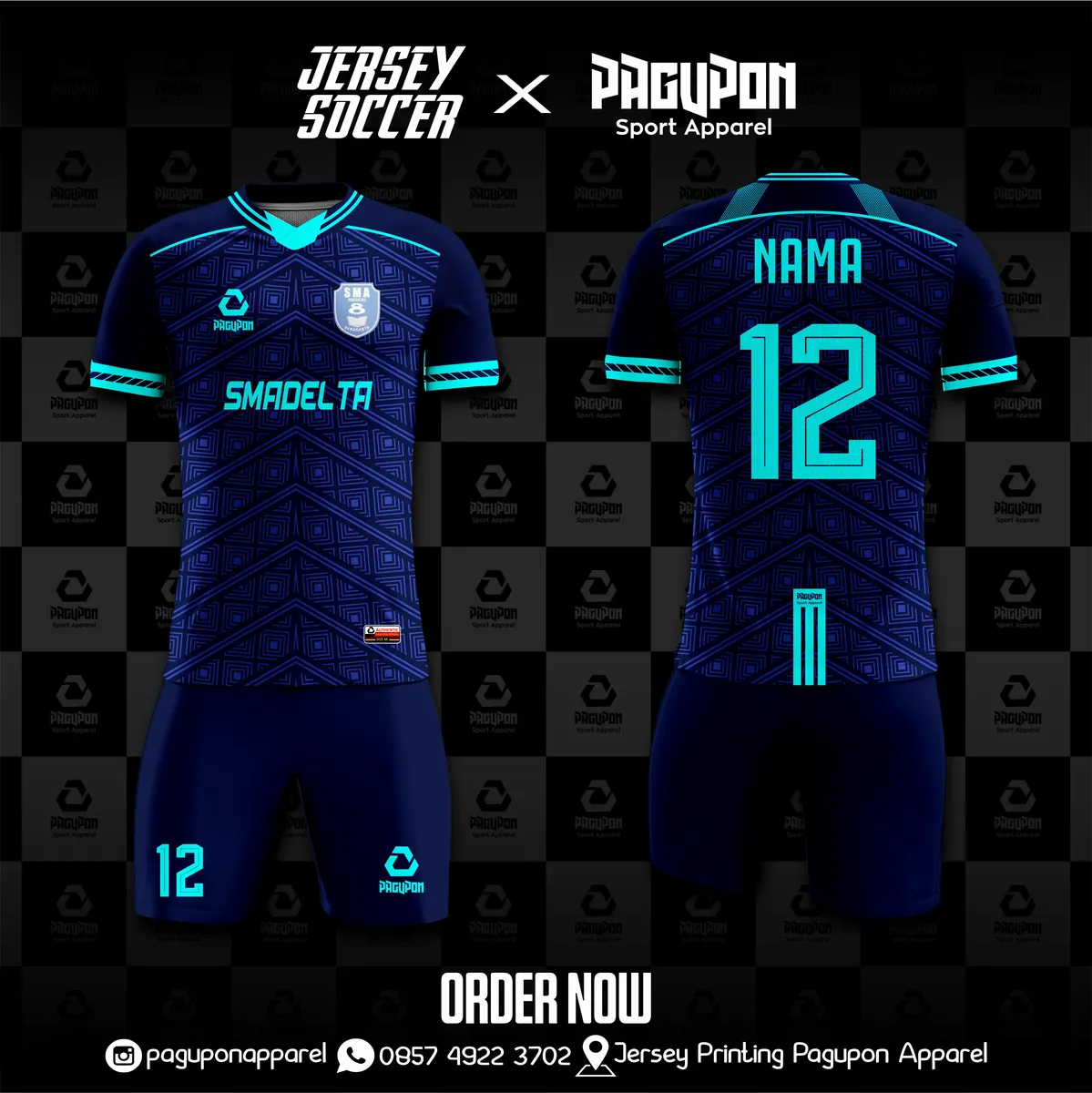 Jersey sekolah dan kelas custom Smadelta Pink, warna pink putih, kerah V-Neck, tampak depan dan belakang, varian 2