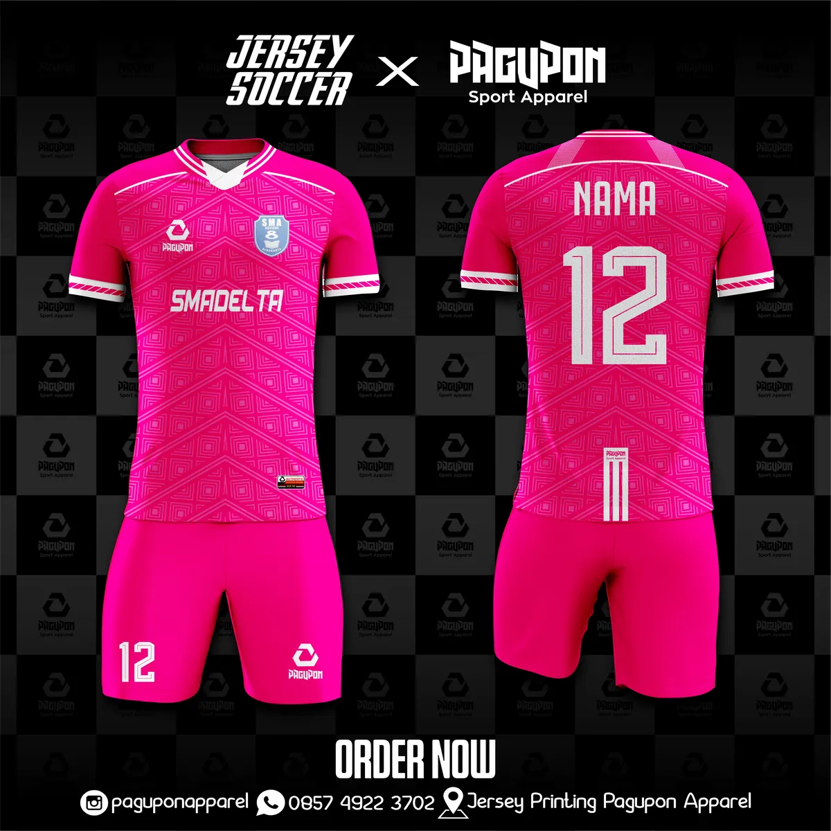 Jersey sekolah dan kelas custom Smadelta Pink, warna pink putih, kerah V-Neck, tampak depan dan belakang