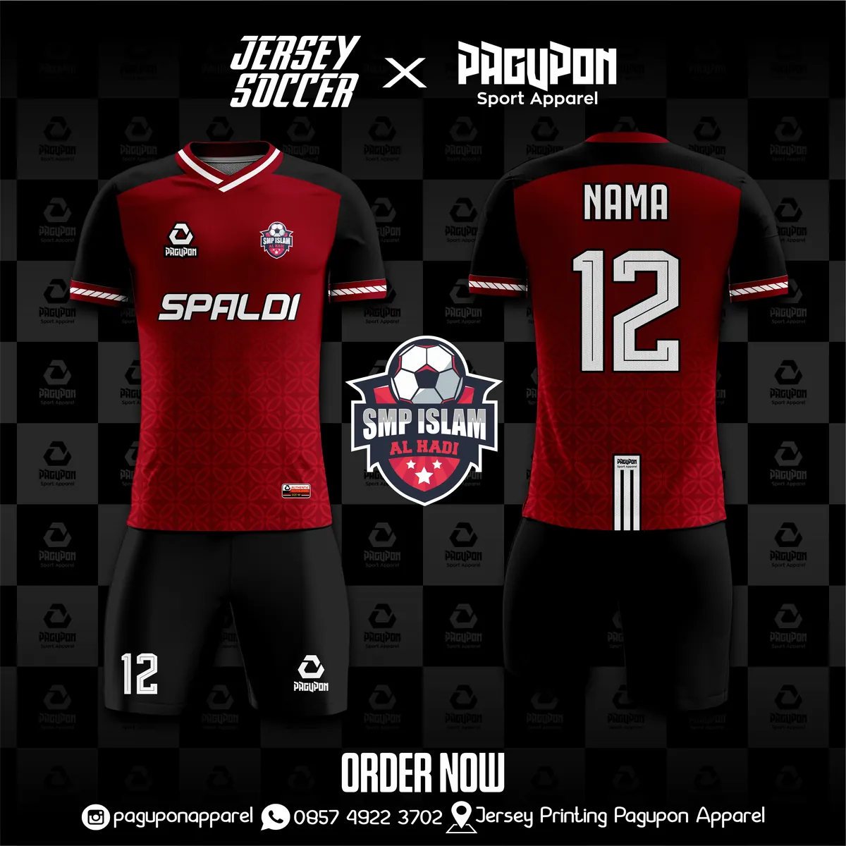 Jersey sekolah dan kelas custom Spaldi SMP Islam Al Hadi Biru, warna biru hitam, kerah V-Neck, tampak depan dan belakang, varian 2