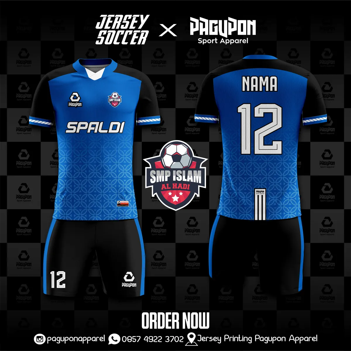 Jersey sekolah dan kelas custom Spaldi SMP Islam Al Hadi Biru, warna biru hitam, kerah V-Neck, tampak depan dan belakang