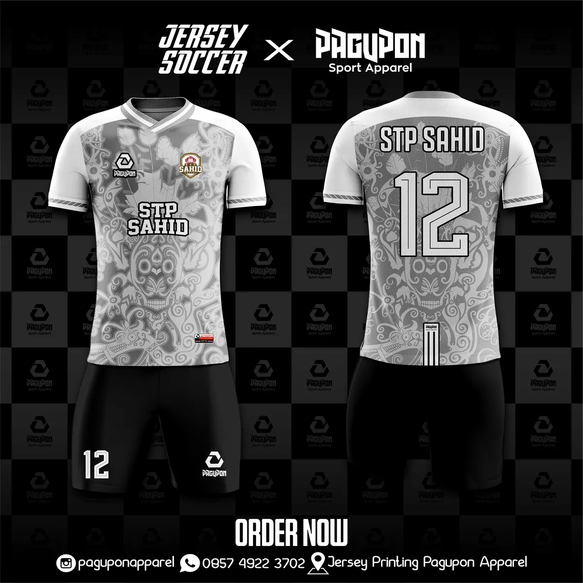 Jersey sekolah dan kelas custom STP Sahid Hitam, warna hitam putih, kerah V-Neck, tampak depan dan belakang, varian 2