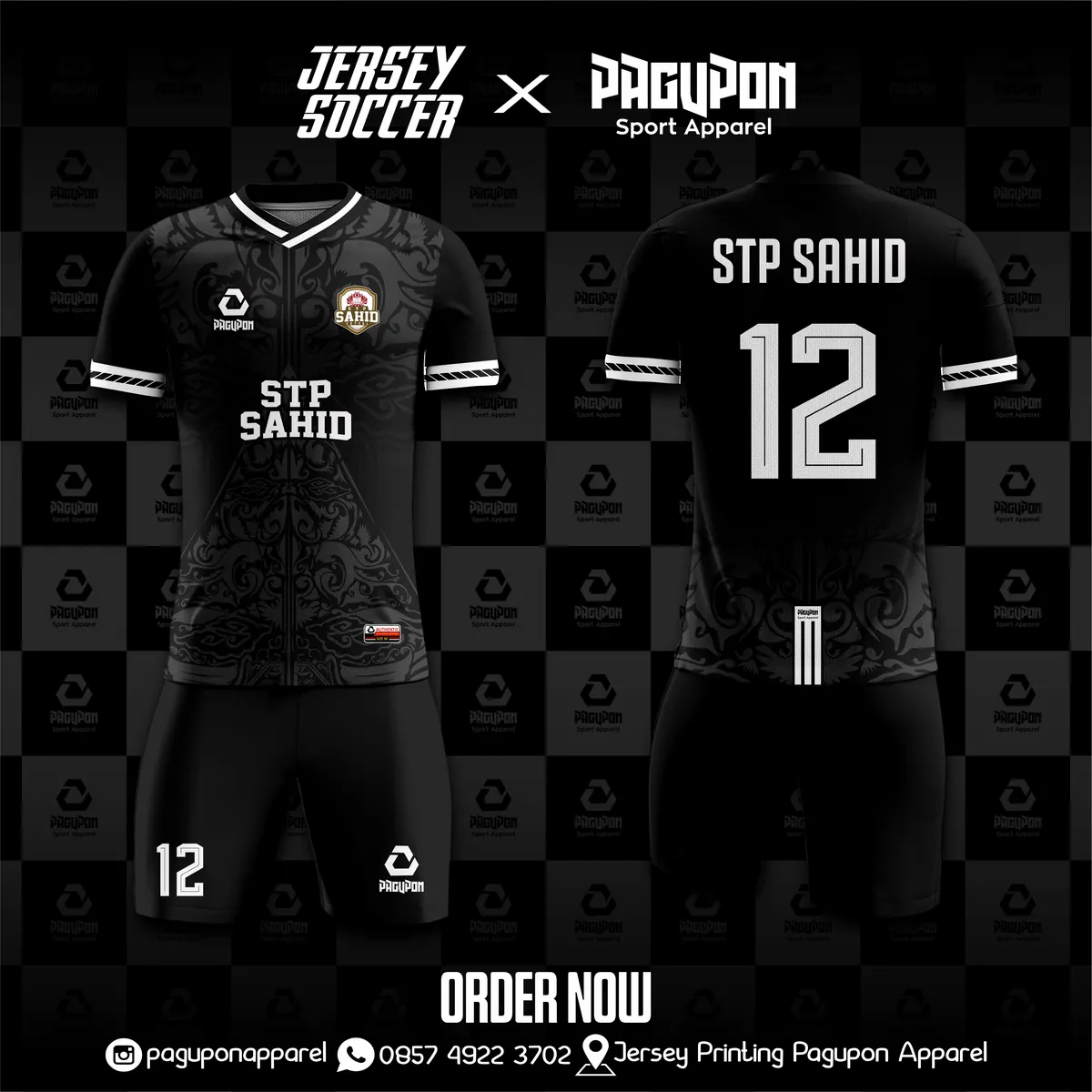 Jersey sekolah dan kelas custom STP Sahid Hitam, warna hitam putih, kerah V-Neck, tampak depan dan belakang