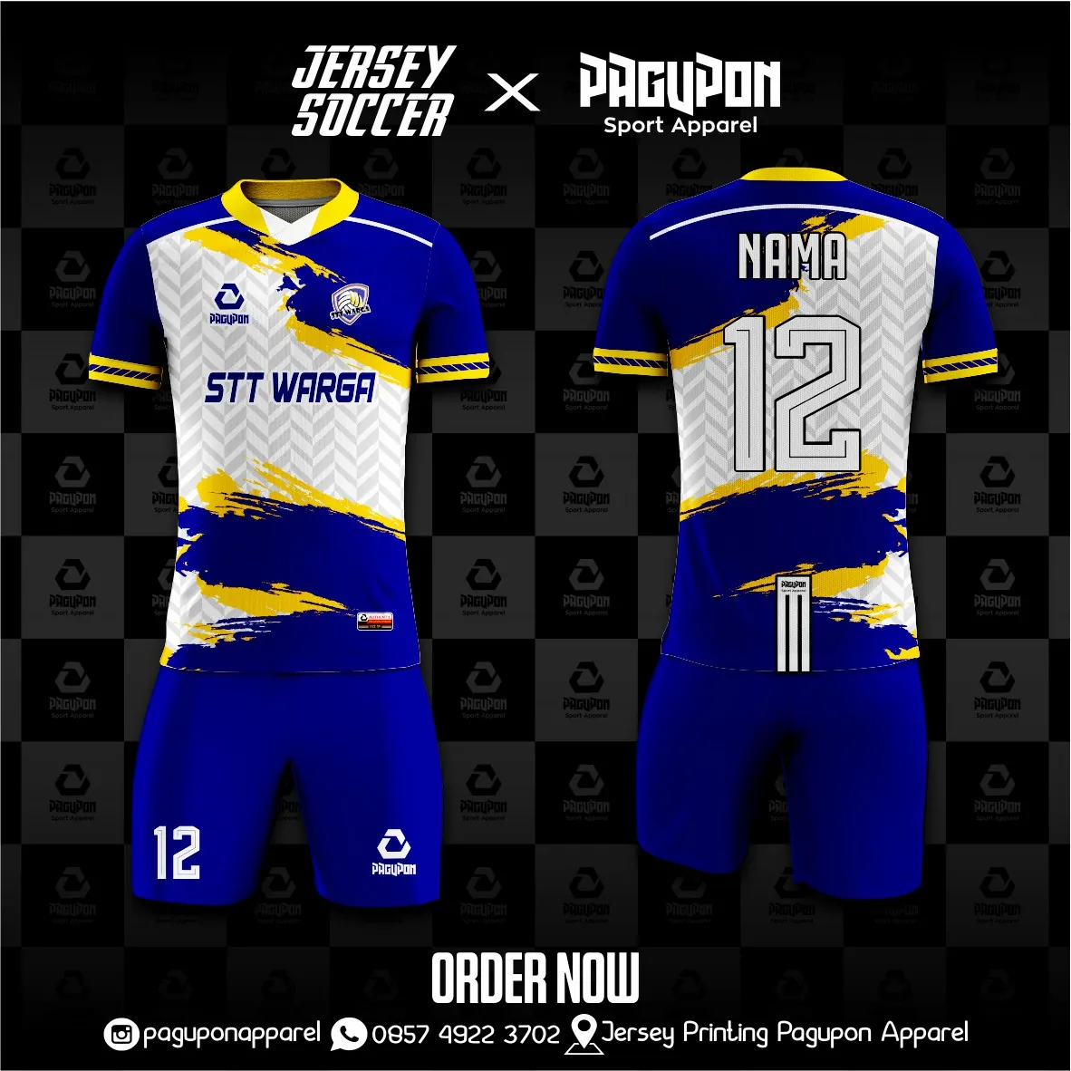 Jersey sekolah dan kelas custom STT Warga Biru, warna biru putih kuning, kerah V-Neck, tampak depan dan belakang