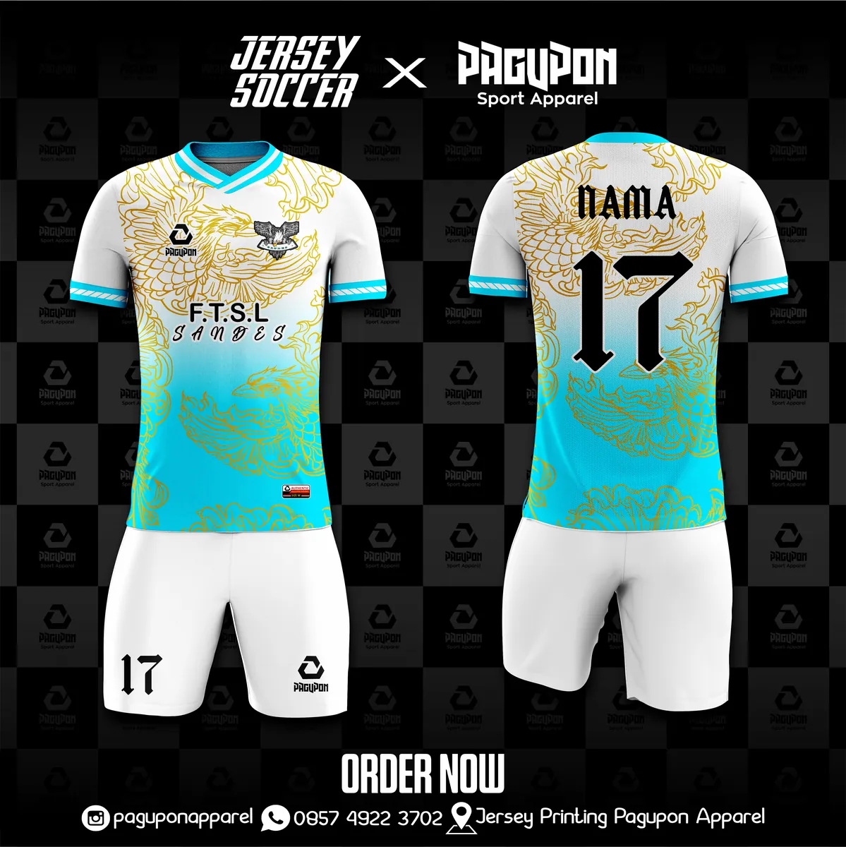 Jersey sekolah dan kelas custom FTSL Sandes Putih, warna putih biru muda emas, kerah V-Neck, tampak depan dan belakang