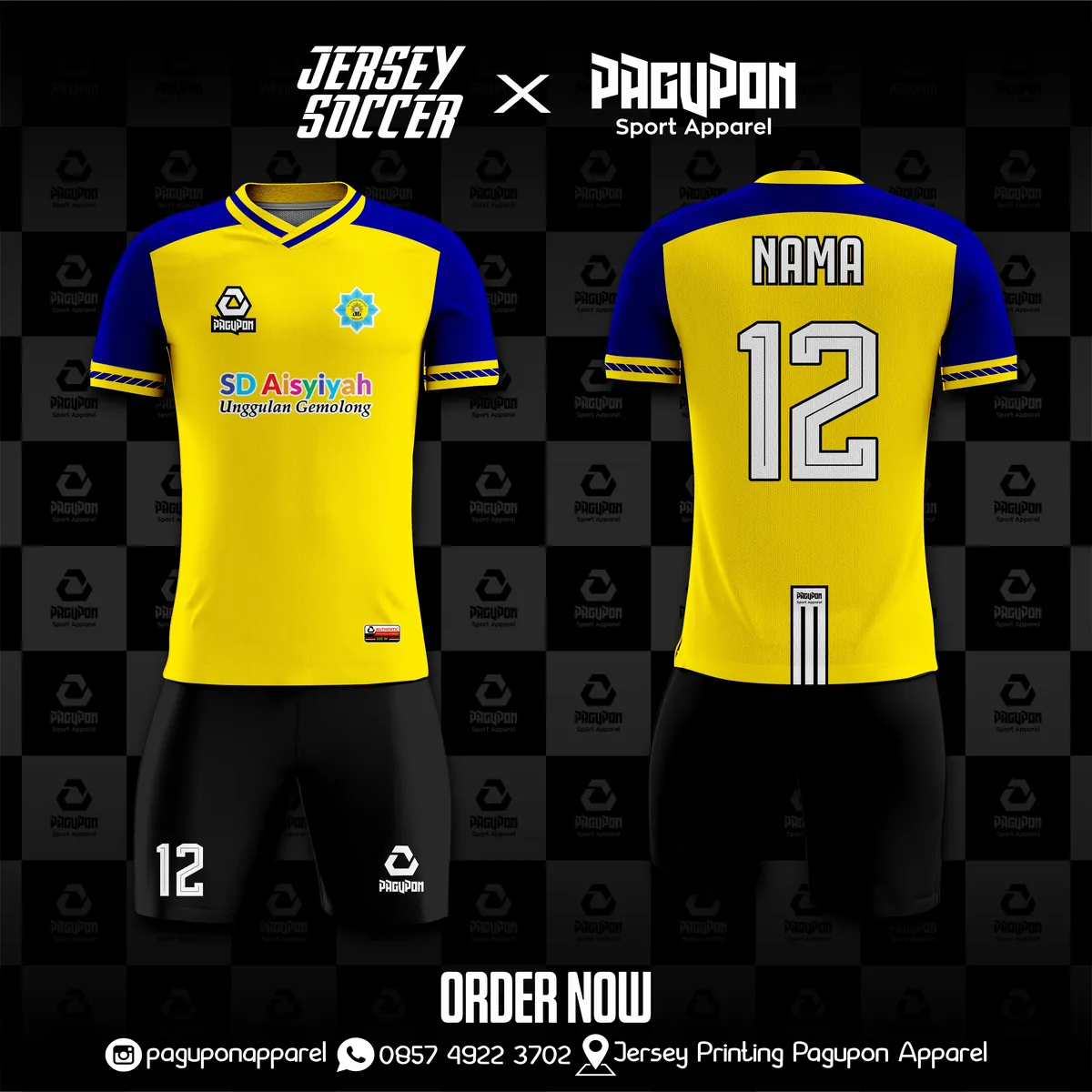 Jersey sekolah dan kelas custom SD Aisyiyah Unggulan Gemolong Maroon, warna maroon kuning, kerah V-Neck, tampak depan dan belakang, varian 2