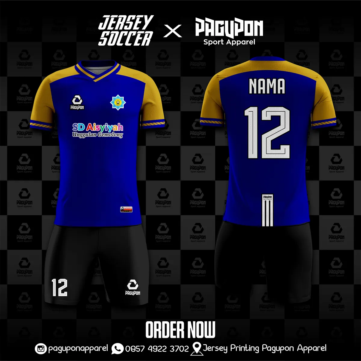 Jersey sekolah dan kelas custom SD Aisyiyah Unggulan Gemolong Maroon, warna maroon kuning, kerah V-Neck, tampak depan dan belakang, varian 3
