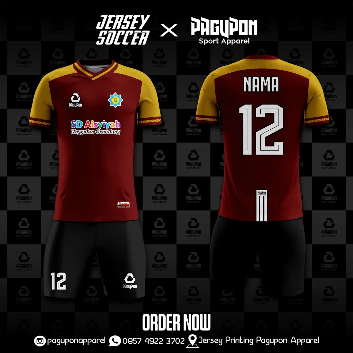 Jersey sekolah dan kelas custom SD Aisyiyah Unggulan Gemolong Maroon, warna maroon kuning, kerah V-Neck, tampak depan dan belakang